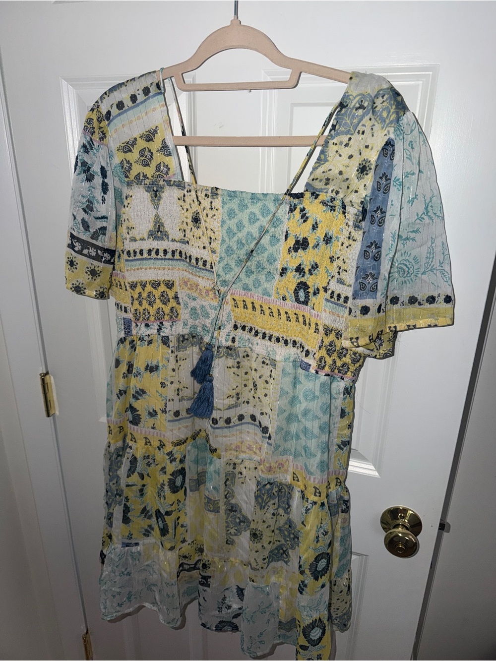 Patchwork Tiered Babydoll Dress in Yellow, Blue & Cream